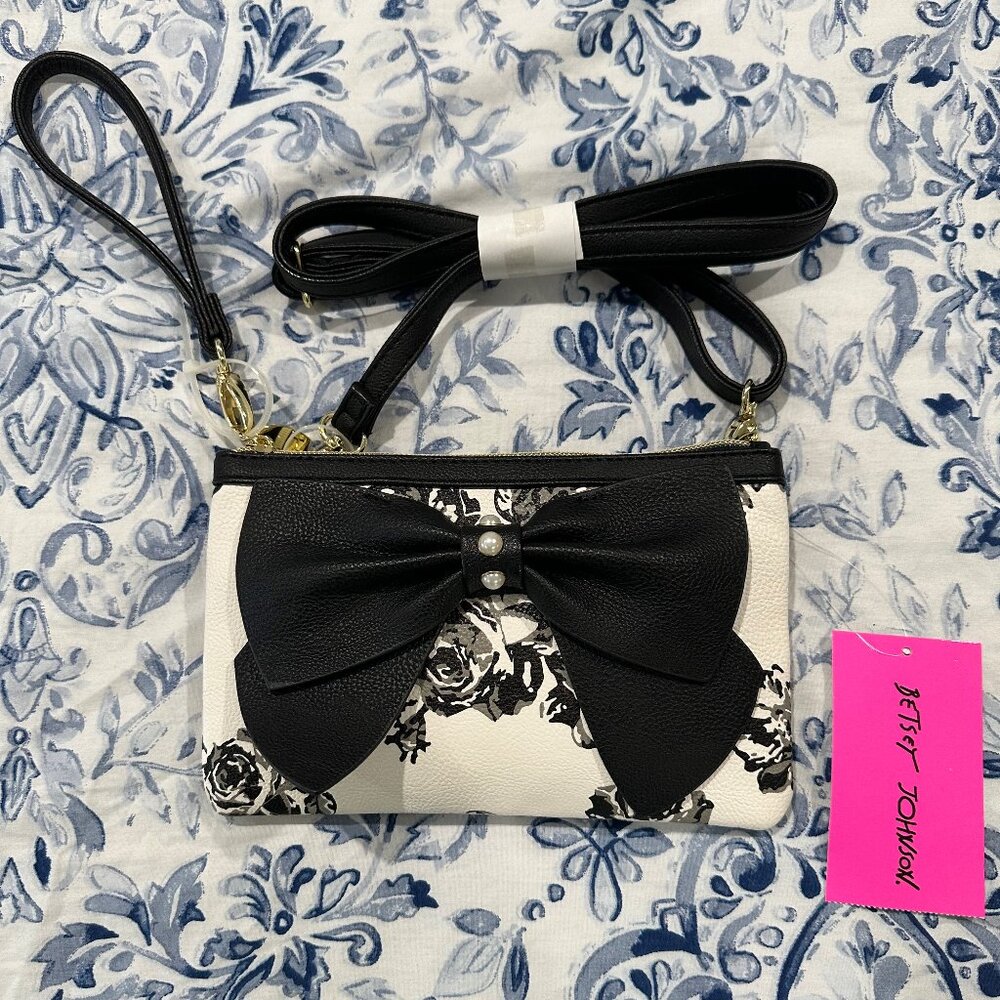 Betsey Johnson Crossbody/Clutch with Black Bow | White with Black Roses